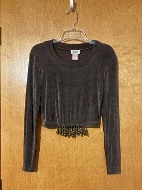 Luxurious SIRA Brown Cropped Top With Chopped Beaded Metal Fringe Size S